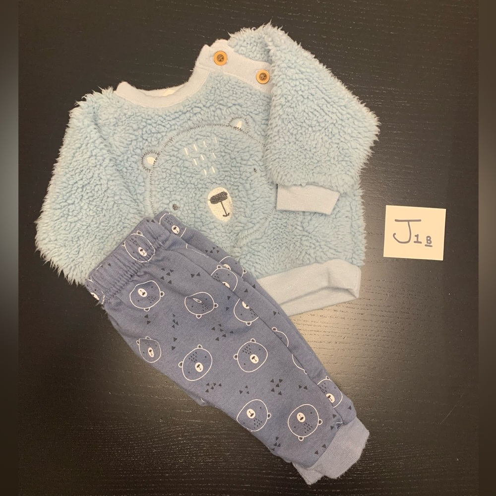 🐻 Rene Rofe 0-3m Blue Fuzzy Baby Outfit with Bear Design